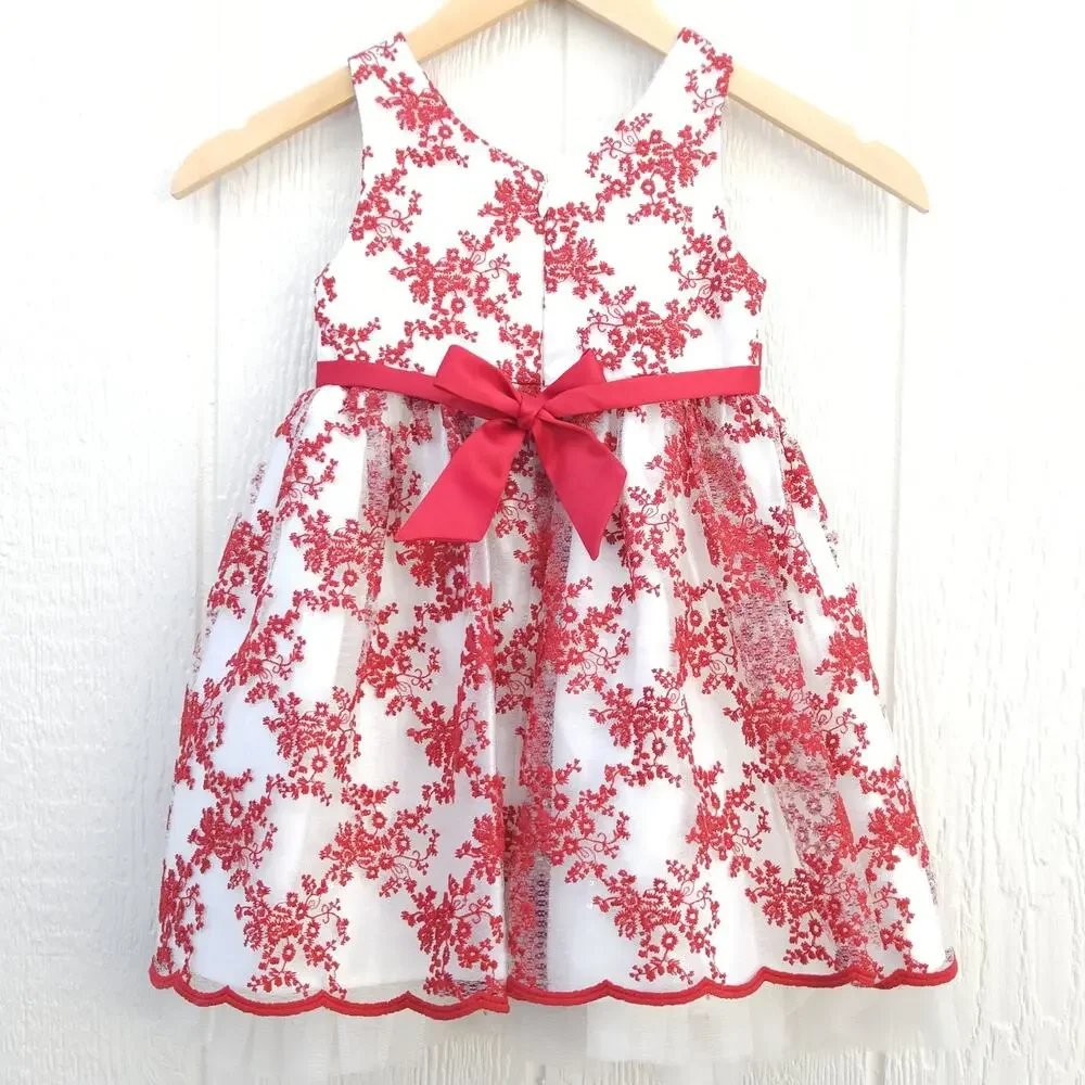 American Princess 3T Red Holiday Party Dress Floral Embroidery Tulle Formal EUC